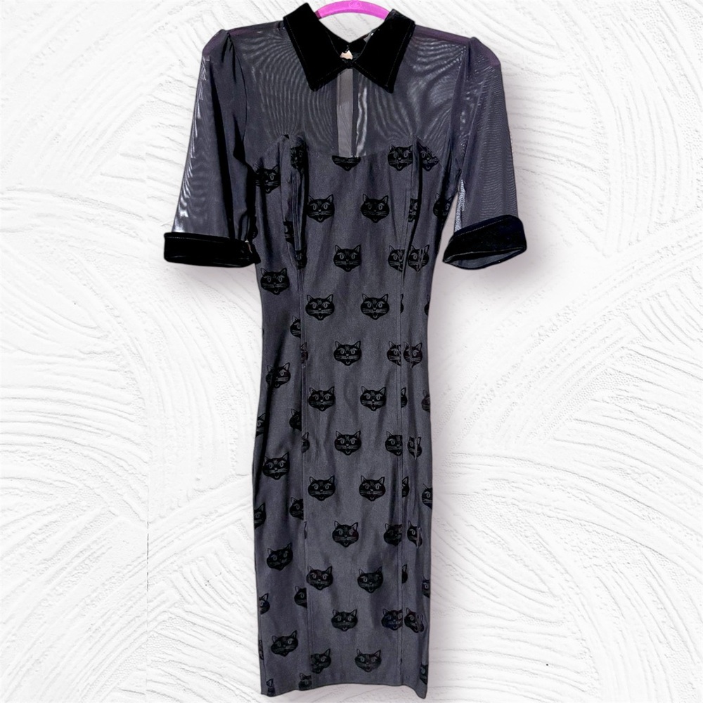 WEDNESDAY COLLECTIF VELVET CAT PENCIL DRESS